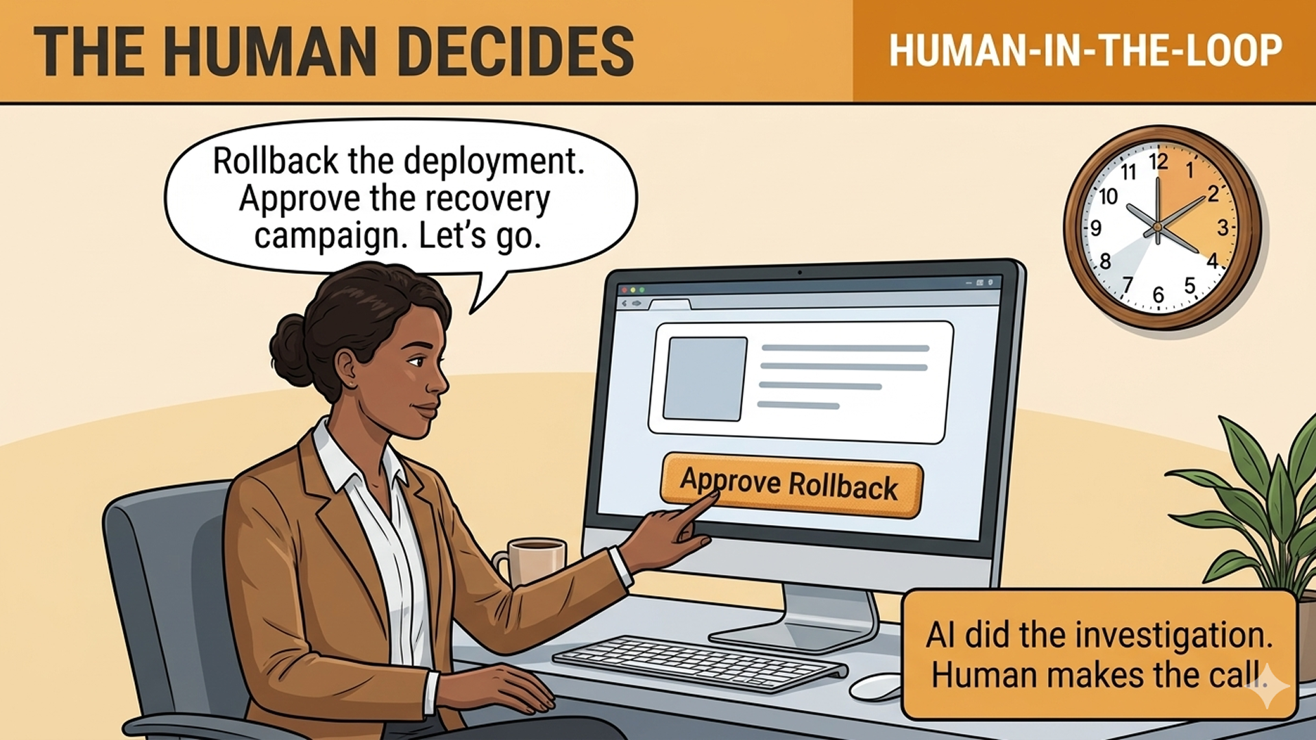Operator at her console with a clock visible on the wall, pointing at an Approve Rollback button on the screen. 'Rollback the deployment. Approve the recovery campaign. Let's go.' Caption: AI did the investigation. Human makes the call.