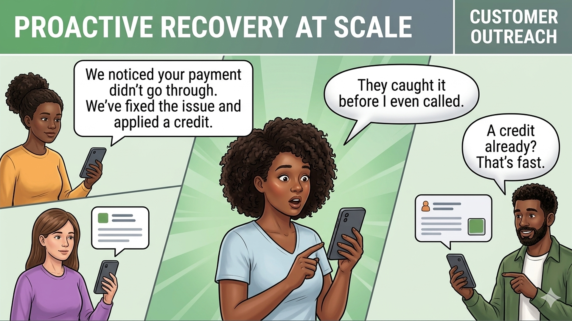 Multi-customer panel. Central customer reading her phone: 'They caught it before I even called.' Around her, other customers receiving messages from Amazon: 'We noticed your payment didn't go through. We've fixed the issue and applied a credit.' Another customer: 'A credit already? That's fast.'