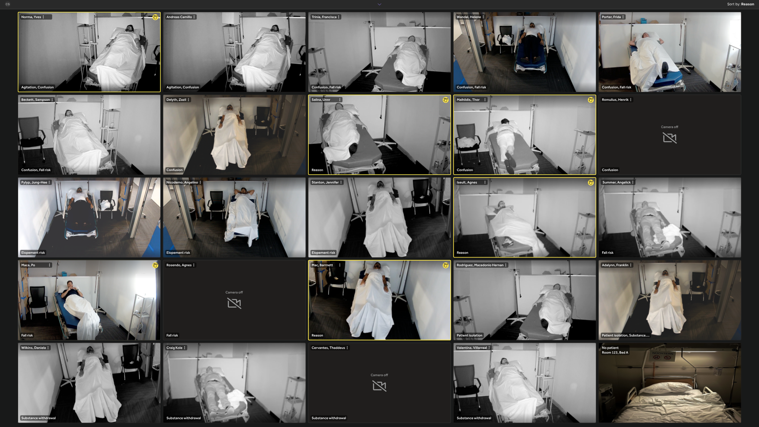 AI motion detection alerts shown on patient monitoring grid with yellow warning indicators