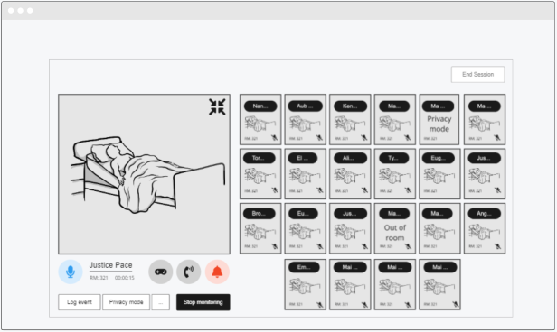 Final concept from sprint showing refined virtual sitter interface with patient monitoring grid and detailed view panel