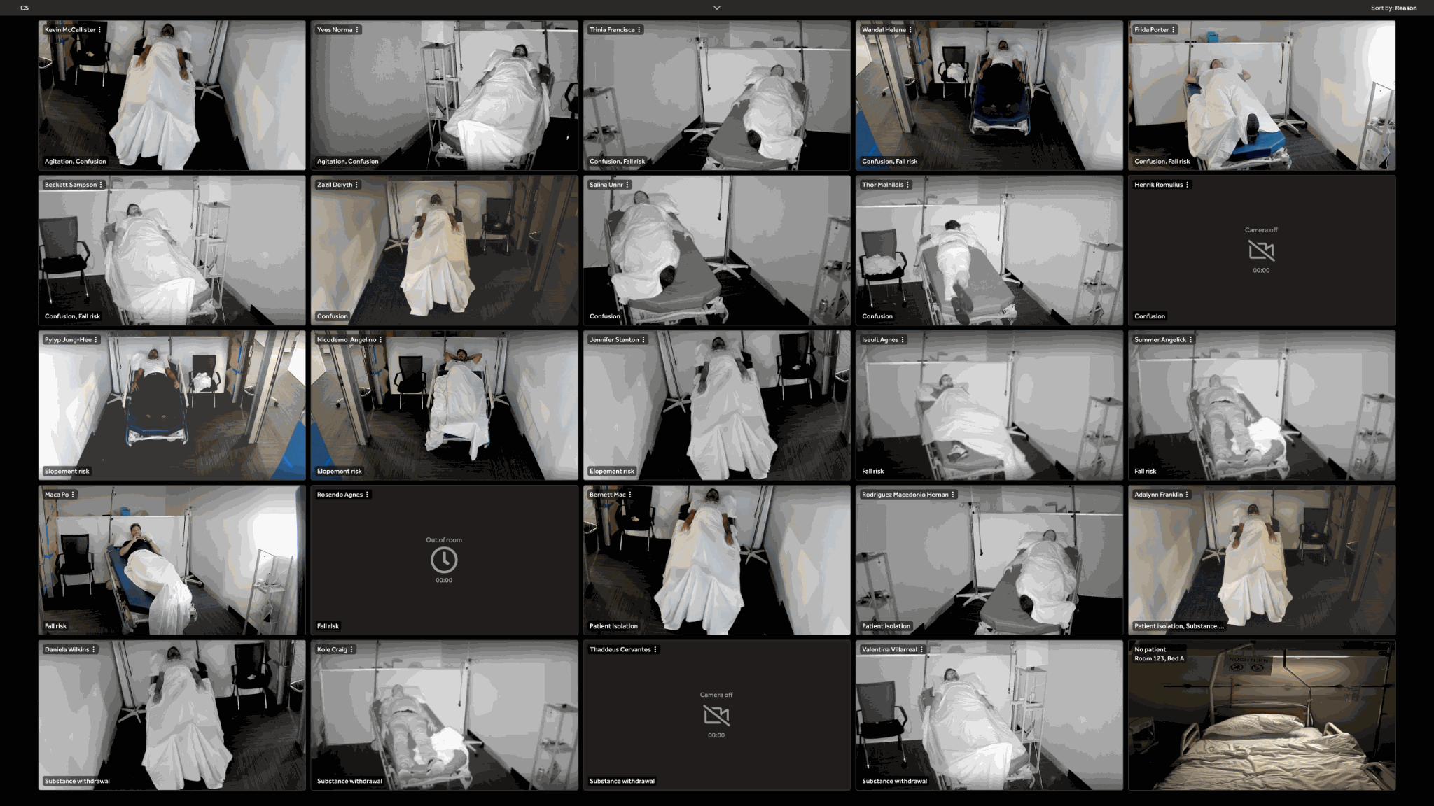 Virtual sitter interface showing drag-and-drop functionality for reordering patient monitoring tiles in real-time