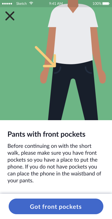 Pants with front pockets instruction showing person wearing white shirt and dark pants with yellow arrow pointing to pocket
