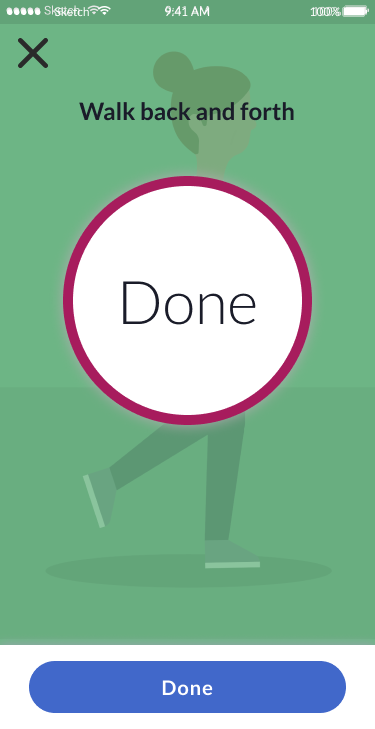 Test completion screen showing Walk back and forth with Done button and walking silhouettes