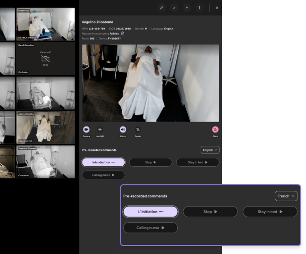 Virtual sitter interface showing multilingual pre-recorded commands with French language selection and patient monitoring grid