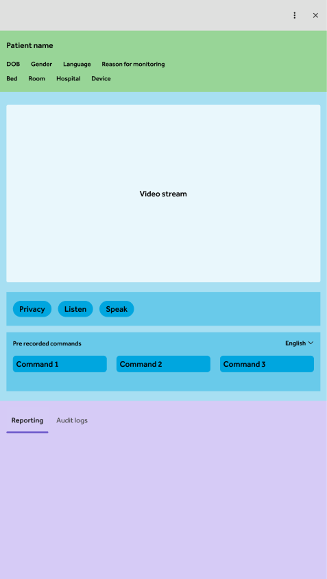 Revised information architecture with color-coded sections for patient info, video stream, controls, and reporting