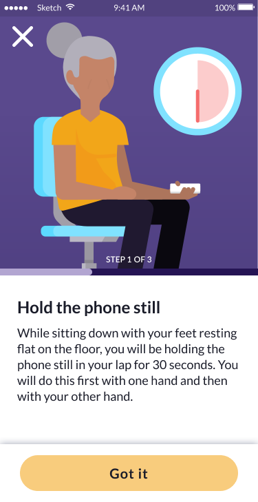 Instructions screen showing person sitting with phone and Hold the phone still message