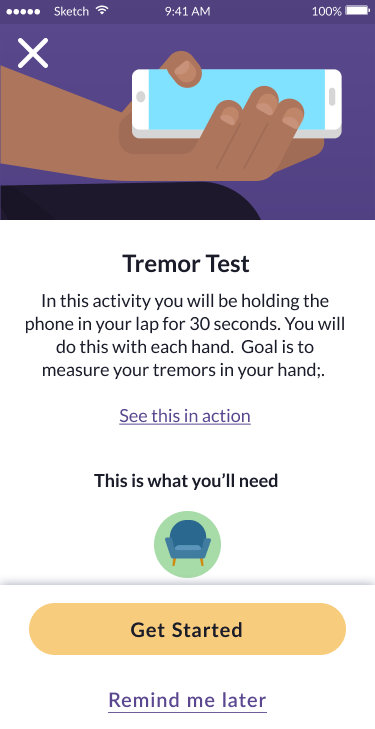 Tremor test introduction screen with hand holding phone illustration and Get Started button