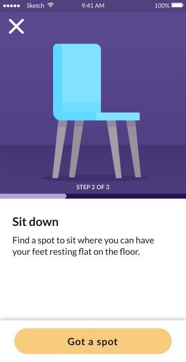 Sit down instruction screen with chair illustration and Got a spot button